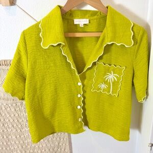 Velvet Fleur Chartreuse Lime Palm Tree Embroidered Scalloped Cropped Button Up S